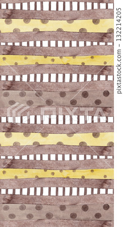 Horizontal brown and yellow polka dotted lines with lattice-like gaps. Multi-patterned oblong print in a rectangular shape. Abstract seamless watercolor pattern. Perfect for table runners and rugs Horizontal brown and yellow polka dotted lines with lattice-like gaps. Multi-patterned oblong print in a rectangular shape. Abstract seamless watercolor pattern. Perfect for table runners and rugs 132214205