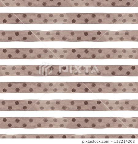 Horizontal brown polka dot lines. Abstract seamless watercolor pattern. Perfect for kitchen textiles and wallpaper, tablecloths and scarves 132214208