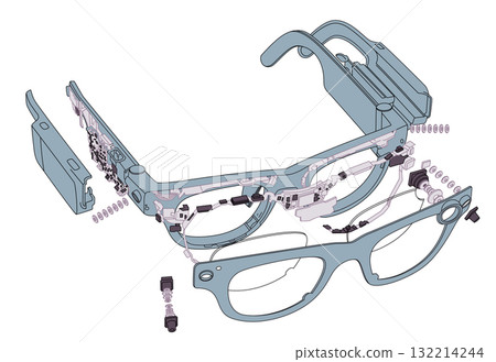 Detailed exploded view vector illustration of smart glasses augmented reality AR spectacles internal electronic components circuit boards camera and sensors futuristic wearable technology 132214244
