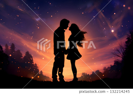 Dreamy silhouette of couple sharing a kiss under starry night sky, neural network generated image Dreamy silhouette of couple sharing a kiss under starry night sky, neural network generated image 132214245