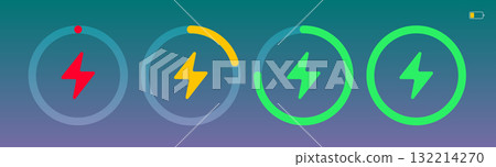 Charging battery. Wireless charger icon. Wireless battery charging. Battery charge indicator with light. Phone power symbol, electric energy interface icon. Vector illustration 132214270