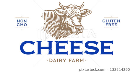 Cow, milk, dairy tag label. Template dairy farm, Milk Tag Label. Vintage cow print, tag, label sketch ink pencil drawing. Cow, cheese, milk dairy shop, text, typography. Vector Illustration 132214290