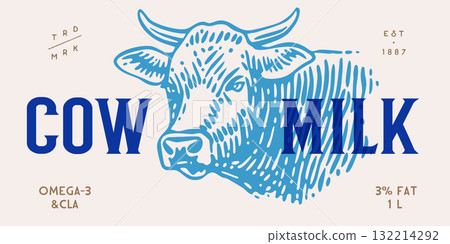 Cow, milk, dairy tag label. Template dairy farm, Milk Tag Label. Vintage cow print, tag, label sketch ink pencil drawing. Cow, milk dairy shop, text, typography. Vector Illustration Cow, milk, dairy tag label. Template dairy farm, Milk Tag Label. Vintage cow print, tag, label sketch ink pencil drawing. Cow, milk dairy shop, text, typography. Vector Illustration 132214292