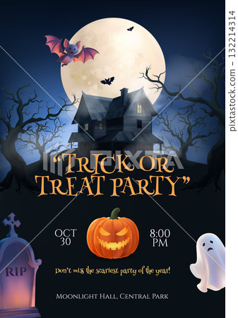 Halloween night poster with haunted house pumpkins and bats in realistic cartoon style 132214314