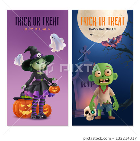 Halloween vertical banner with ghost tombstone and bats in realistic cartoon style 132214317