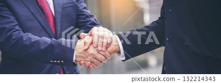 Banner Lawyer teamwork partnership Businessman handshake together. Panorama Two Men Trust honesty lawfirm business handshake promise respect partner. Diversity solidarity team Partner hands together 132214343