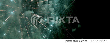Banner Green firework in night time celebrate national holiday. Green Firework celebrate anniversary happy new year 2024 4th of july holiday festival. Countdown New year 2025 festival with copy space 132214346
