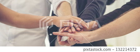 Banner diversity solidarity team multiethnic Partners hands together teamwork. Group of multiracial meetings joins hands together. Panorama Diversity people hands join empower trust team solidarity 132214372