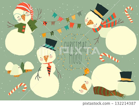 Cartoon Set With Cute Snowmen and Christmas Elements 132214387