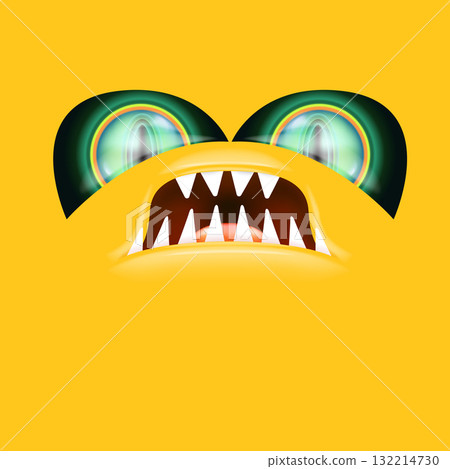 Orange monster face with gleaming green eyes and huge fangs emerges. Happy Halloween backdrop for your spooky holiday card designs with orange monster face Orange monster face with gleaming green eyes and huge fangs emerges. Happy Halloween backdrop for your spooky holiday card designs with orange monster face 132214730