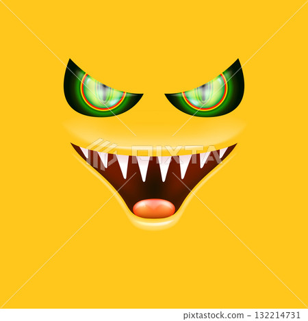 Orange monster face with gleaming green eyes and huge fangs emerges. Happy Halloween backdrop for your spooky holiday card designs with orange monster face Orange monster face with gleaming green eyes and huge fangs emerges. Happy Halloween backdrop for your spooky holiday card designs with orange monster face 132214731
