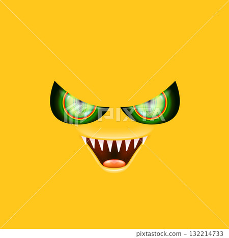 Orange monster face with gleaming green eyes and huge fangs emerges. Happy Halloween backdrop for your spooky holiday card designs with orange monster face 132214733