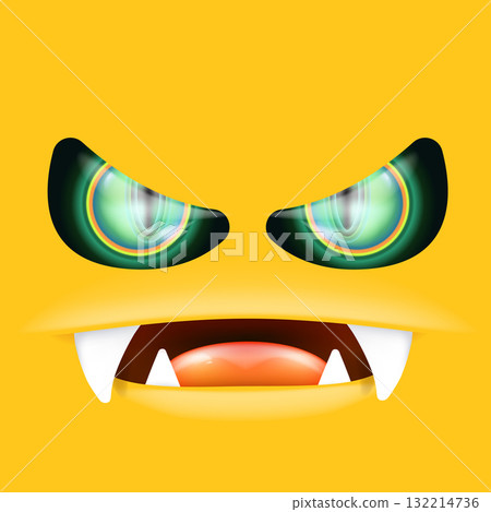 Orange monster face with gleaming green eyes and huge fangs emerges. Happy Halloween backdrop for your spooky holiday card designs with orange monster face Orange monster face with gleaming green eyes and huge fangs emerges. Happy Halloween backdrop for your spooky holiday card designs with orange monster face 132214736