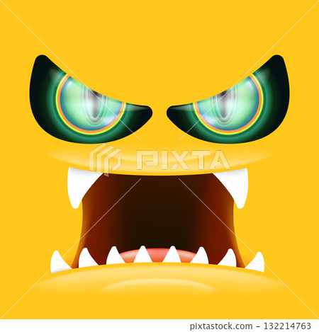 Orange monster face with gleaming green eyes and huge fangs emerges. Happy Halloween backdrop for your spooky holiday card designs with orange monster face 132214763