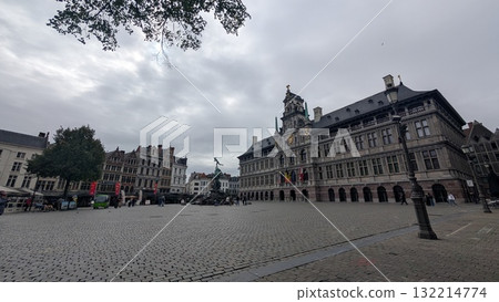 A square at touristic area in Antwerp 132214774