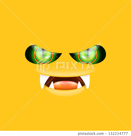 Orange monster face with gleaming green eyes and huge fangs emerges. Happy Halloween backdrop for your spooky holiday card designs with orange monster face Orange monster face with gleaming green eyes and huge fangs emerges. Happy Halloween backdrop for your spooky holiday card designs with orange monster face 132214777