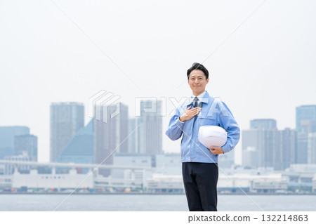 Men in work clothes, buildings 132214863