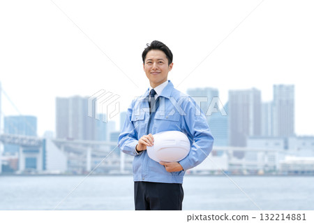 Men in work clothes, buildings Men in work clothes, buildings 132214881
