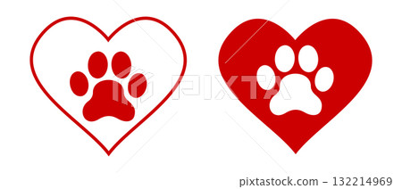 Dog or cat paw silhouettes in red heart shapes. Puppy or kitty footprints in cute romantic design isolated on white background. Veterinary clinic or pet shop pictogram. Vector flat illustration 132214969