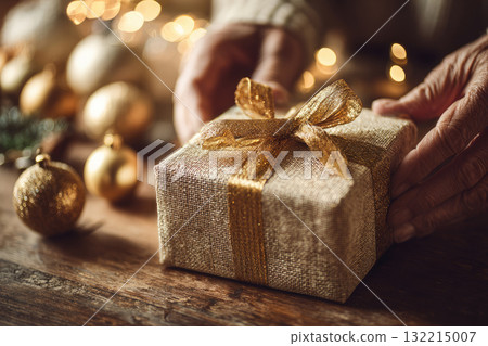 close-up of hands unwrapping a Christmas present, textured paper, golden ribbon 132215007