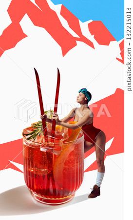 Creative digital poster. Woman skier in red swimsuit posing beside glass of orange cocktail with mountains Creative digital poster. Woman skier in red swimsuit posing beside glass of orange cocktail with mountains 132215013