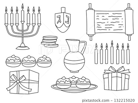 Set of Happy Hanukkah objects. Illustration of holiday religious symbols. 132215020