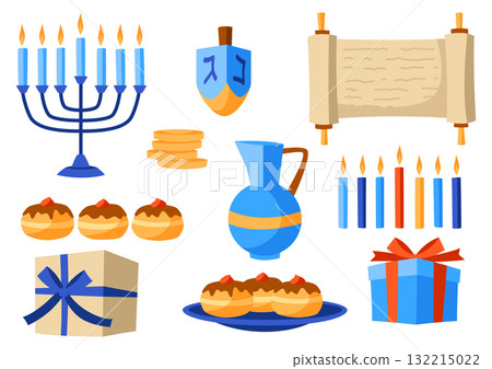Set of Happy Hanukkah objects. Illustration of holiday religious symbols. Set of Happy Hanukkah objects. Illustration of holiday religious symbols. 132215022