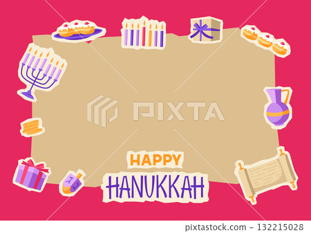 Happy Hanukkah card design with stickers. Illustration with holiday objects. 132215028