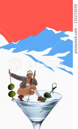 Colorful collage. Woman skiing on martini glass with olives on red and blue mountain backdrop Colorful collage. Woman skiing on martini glass with olives on red and blue mountain backdrop 132215030