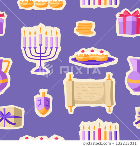 Happy Hanukkah pattern with stickers. Background with holiday objects. 132215031
