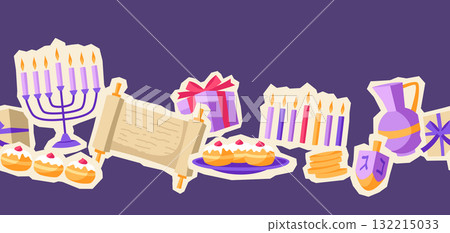 Happy Hanukkah pattern with stickers. Background with holiday objects. 132215033