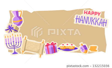 Happy Hanukkah card with stickers. Illustration with holiday objects. Happy Hanukkah card with stickers. Illustration with holiday objects. 132215036