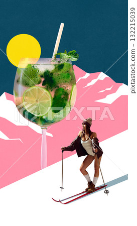Creative digital artwork. Skier next to mojito glass with lime on pastel pink mountain background Creative digital artwork. Skier next to mojito glass with lime on pastel pink mountain background 132215039