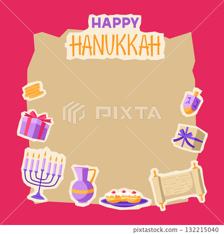 Happy Hanukkah card with stickers. Illustration with holiday objects. 132215040