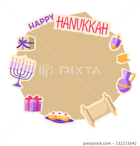 Happy Hanukkah card with stickers. Illustration with holiday objects. 132215042