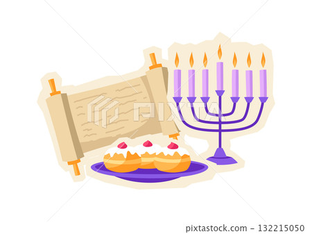Happy Hanukkah sticker with traditional symbols. Holiday image in cartoon style. Happy Hanukkah sticker with traditional symbols. Holiday image in cartoon style. 132215050