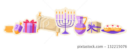 Happy Hanukkah background with stickers. Illustration with holiday objects. 132215076