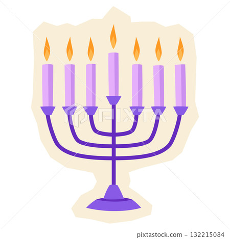 Happy Hanukkah menorah sticker. Holiday icon in cartoon style. Happy Hanukkah menorah sticker. Holiday icon in cartoon style. 132215084