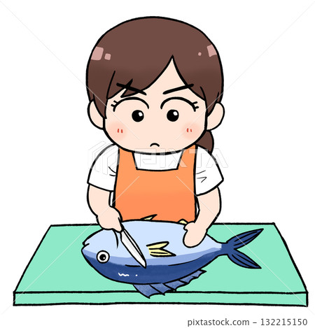 Woman concentrating on cutting fish Woman concentrating on cutting fish 132215150