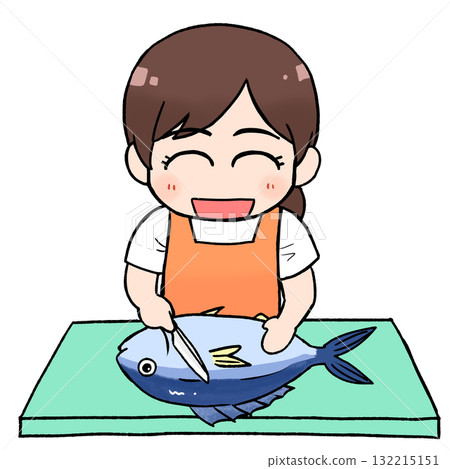 Smiling woman filleting fish 132215151