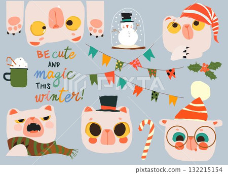 Cartoon Set With Cute Polar Bear Faces and Christmas Elements 132215154