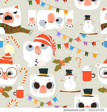 Seamless Pattern With Cute Polar Bear Faces and Christmas Elements 132215155