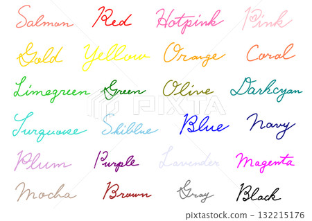 顏色名稱和用相應顏色書寫的草書字母 132215176