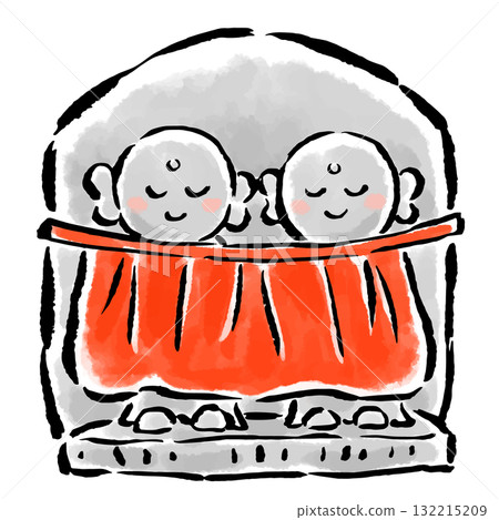 Twin boat-shaped Jizo statues wearing aprons Twin boat-shaped Jizo statues wearing aprons 132215209