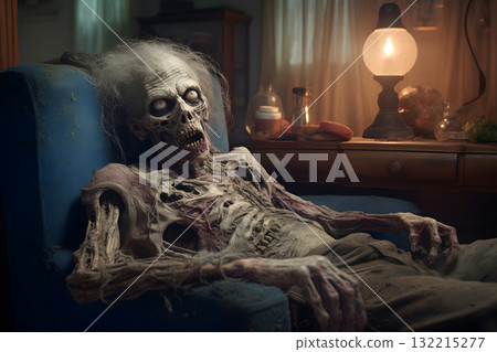 zombie sitting on an armchair in abandoned house, neural network generated photorealistic image 132215277