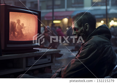 zombie watching old TV in the city street at evening, neural network generated photorealistic image 132215279