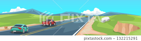Horizontal of asphalt road that cuts through our hills will be wide. Many cars are driving on the road heading towards their destination. Vast hills under mountains and blue sky. Horizontal of asphalt road that cuts through our hills will be wide. Many cars are driving on the road heading towards their destination. Vast hills under mountains and blue sky. 132215291