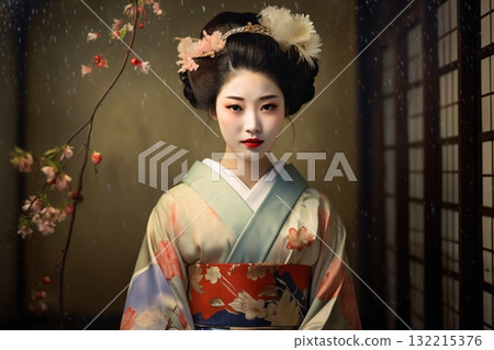 geisha women wearing traditional japanese costumes on a background of old national interior 132215376