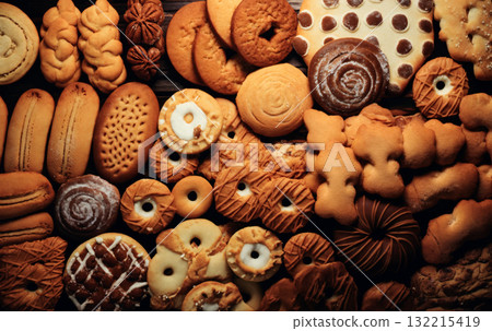 still life of cookies with chocolate on a wooden table, dark background, delicious pastries still life of cookies with chocolate on a wooden table, dark background, delicious pastries 132215419