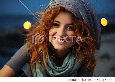 portrait of a beautiful woman in winter season, bright sunny day and snow 132215440